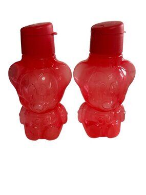 Vintage Tupperware Mickey Mouse Water Bottles Set of 2 Red Disney Kids Drink Con